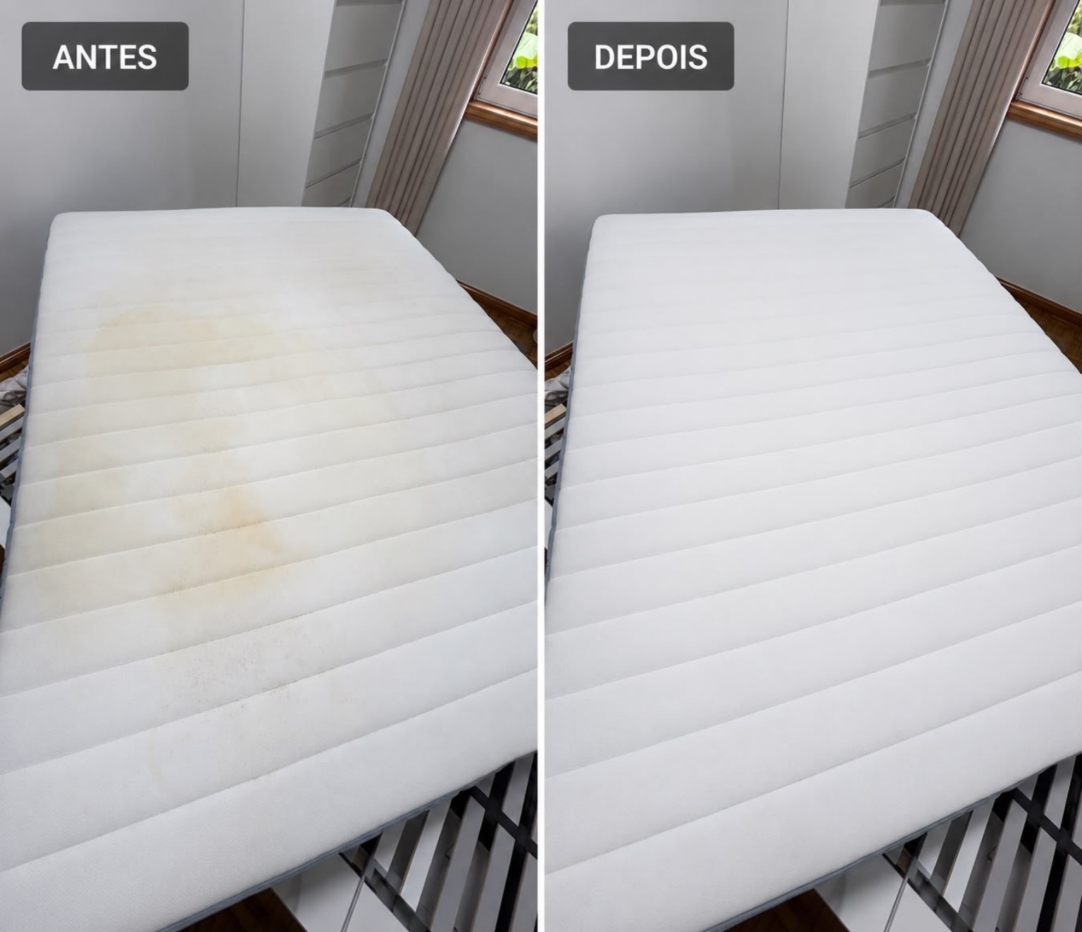 Antes e depois real da limpeza de um colchão