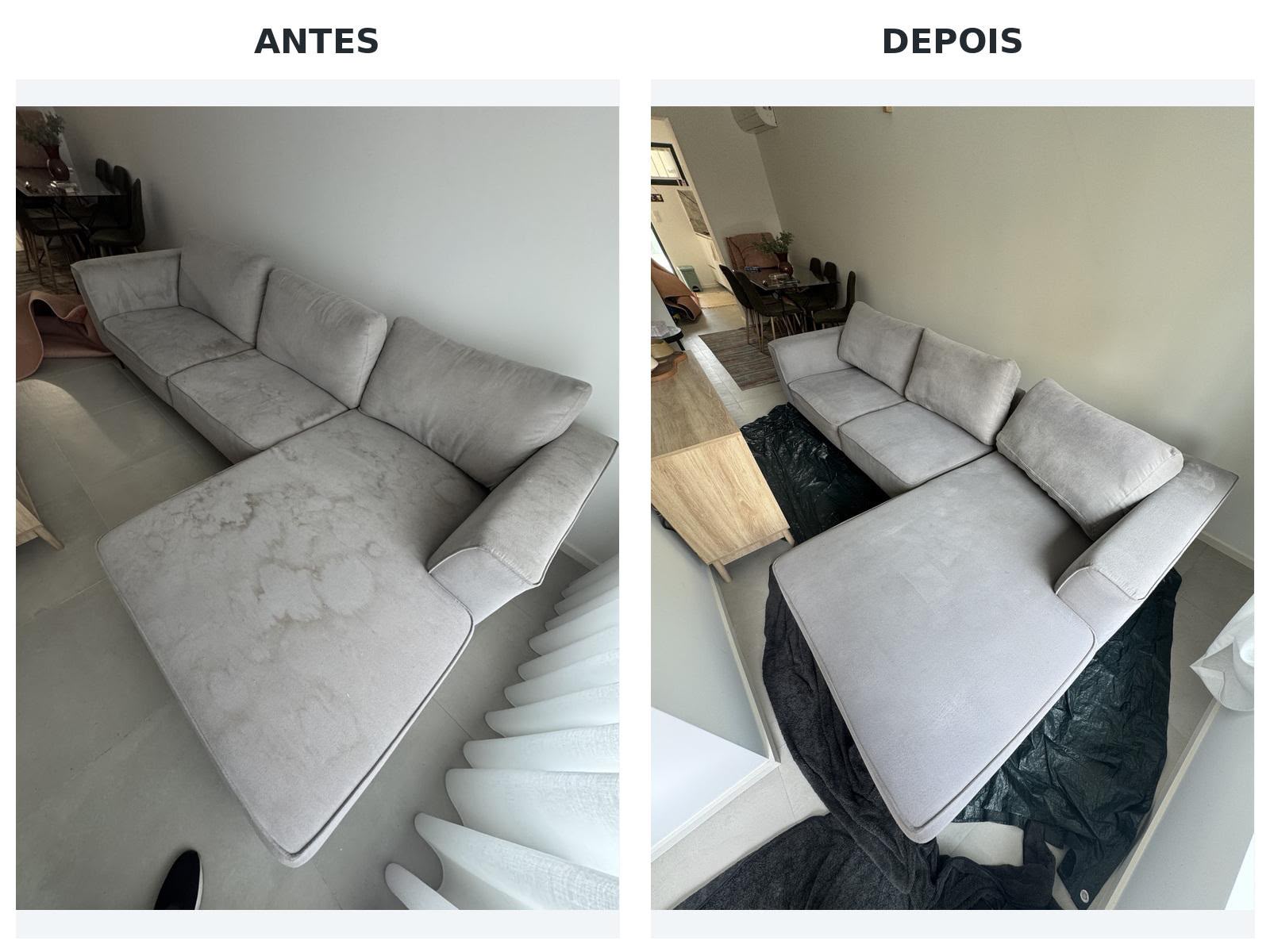 Antes e depois da limpeza de um sofá com chaise longue