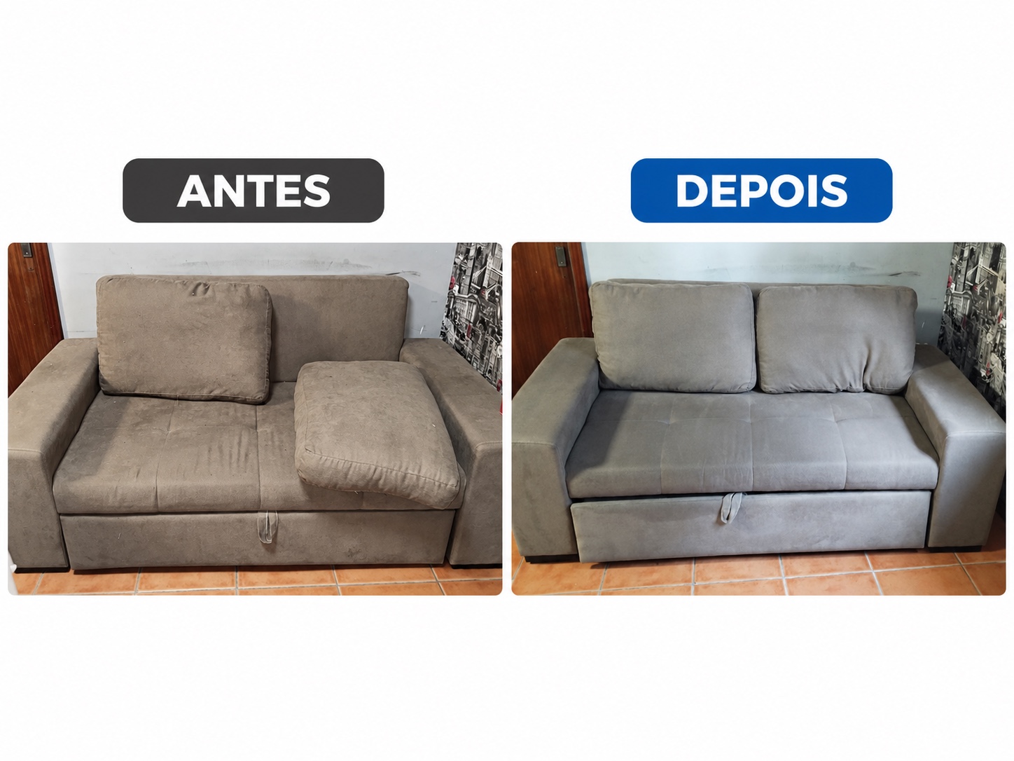Antes e depois da limpeza de um sofá cinzento