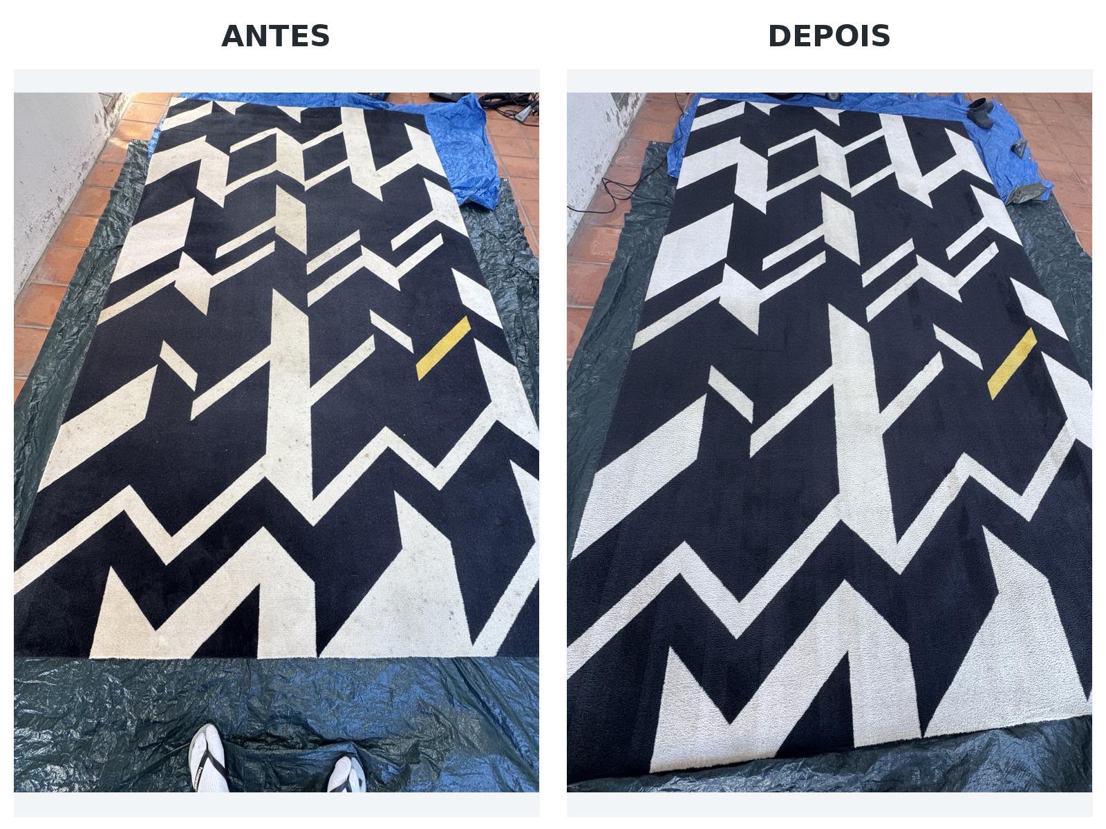 Antes e depois da limpeza de um tapete geométrico