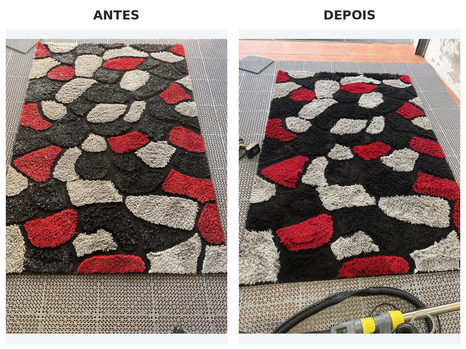 Antes e depois da limpeza de um tapete vermelho, preto e cinzento